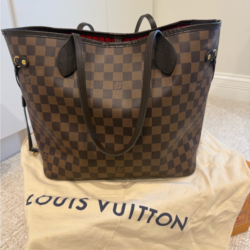 Louis Vuitton Damier Ebene Canvas Tote with Dark Brown Trim and Red Interior
